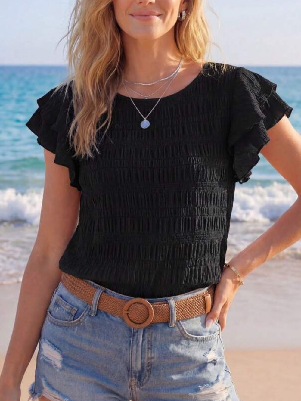 Black Ruffle Sleeve Women's Top - Classic Summer Tee